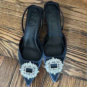 Zara Rhinestone Buckle Slingback Shoes 42 Black